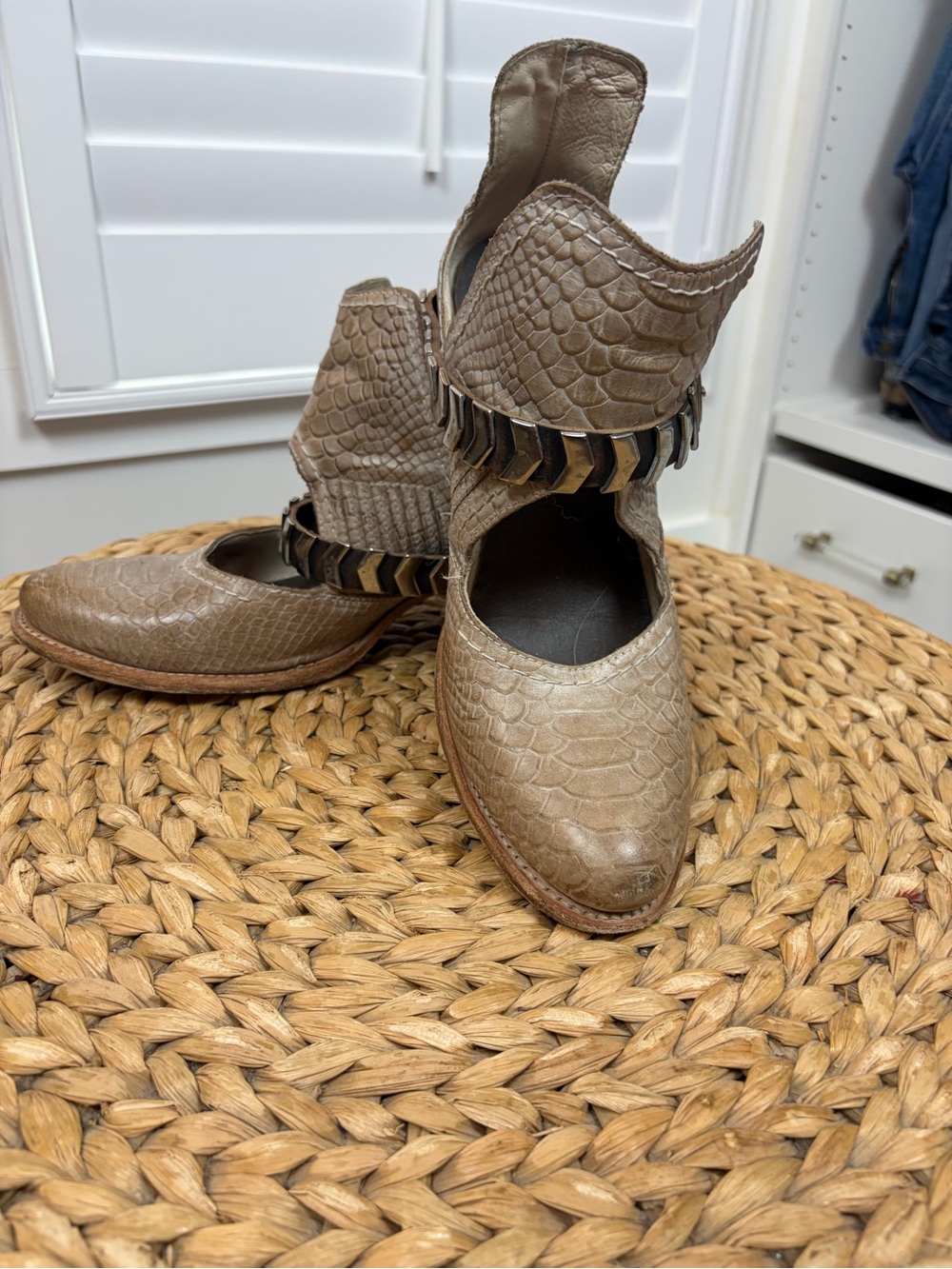 Freebird by Steven Taupe Textured Ankle Booties with Metallic Chevron Trim